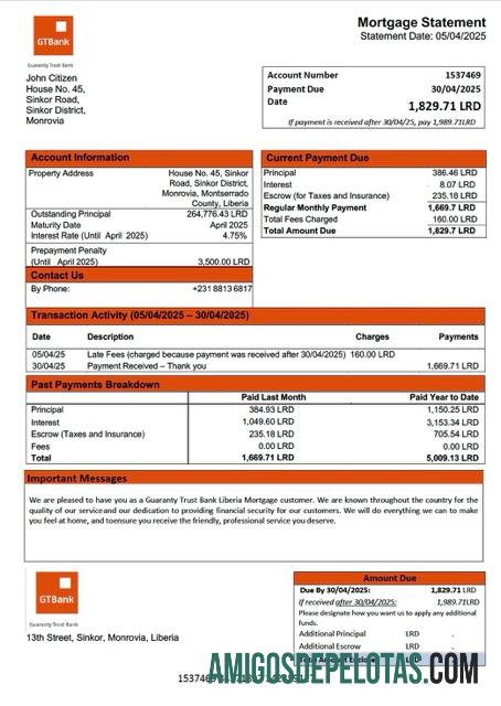 imprimível Liberia Guaranty Trust Bank Libéria Declaração de hipoteca Word e modelo PDF